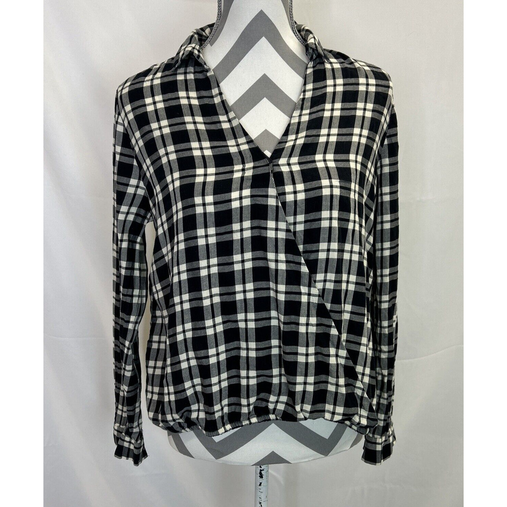 Madewell Wrap Front Long Sleeve Shirt Blouse, Black White Buffalo Plaid Medium